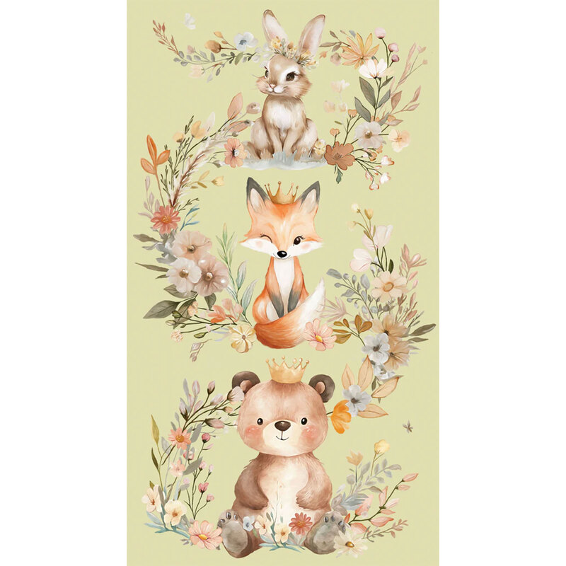 Sage green fabric panel featuring desert flora behind an adorable bunny, a winking fox, and a cute baby bear
