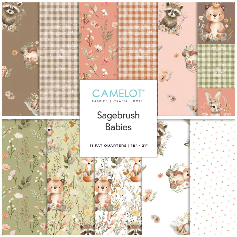 Collage of fabrics in the collection in brown, salmon pink, sage green, and white, with critters such as foxes, raccoons, and bunnies, ginghams, and modern floral prints