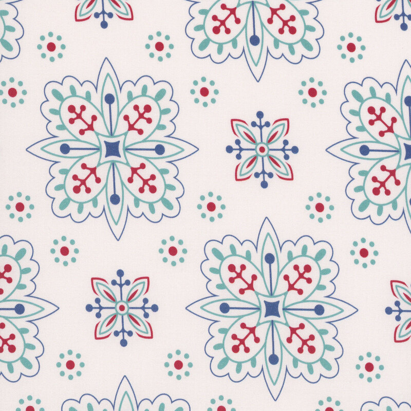 Soft ivory fabric featuring a floral medallion print in hues of aqua, teal, and red.