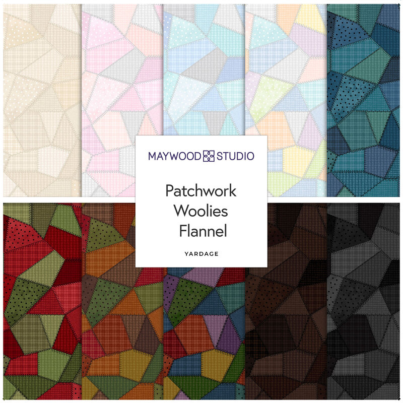 Yardage collage of the Patchwork Woolies Flannel collection featuring a hand-stitched fabric look in varying styles and shades with many different patterns of flannel and dots. 