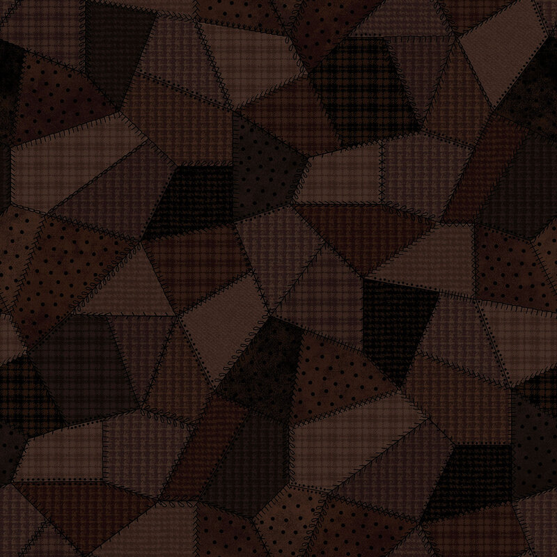 Brown and black fabric in varying styles and shades with many different patterns of flannel and dots. 