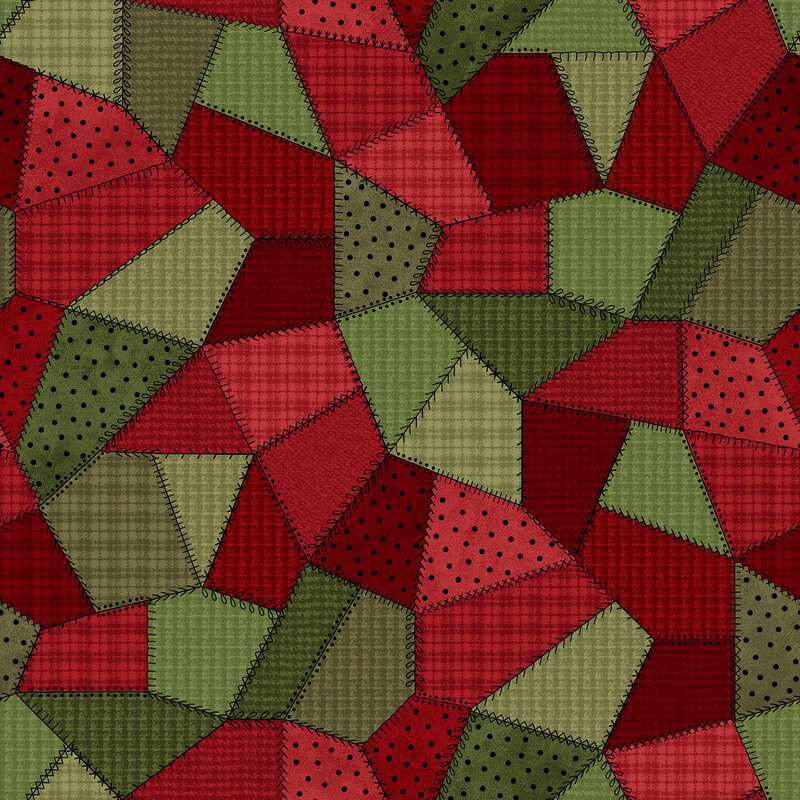 Red and green fabric in varying styles and shades with many different patterns of flannel and dots. 