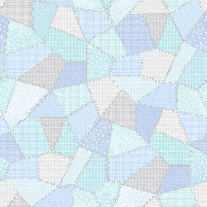 White, blue, and pastel fabric in varying styles and shades with many different patterns of flannel and dots. 