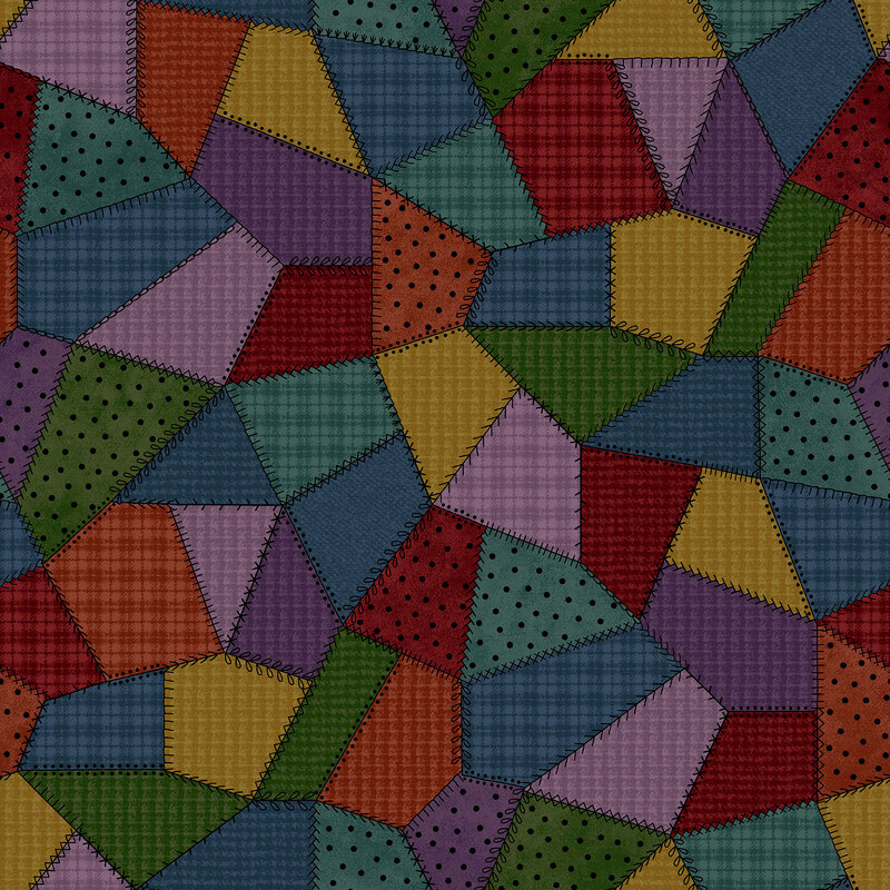 Dark multicolor fabric in varying styles and shades with many different patterns of flannel and dots. 