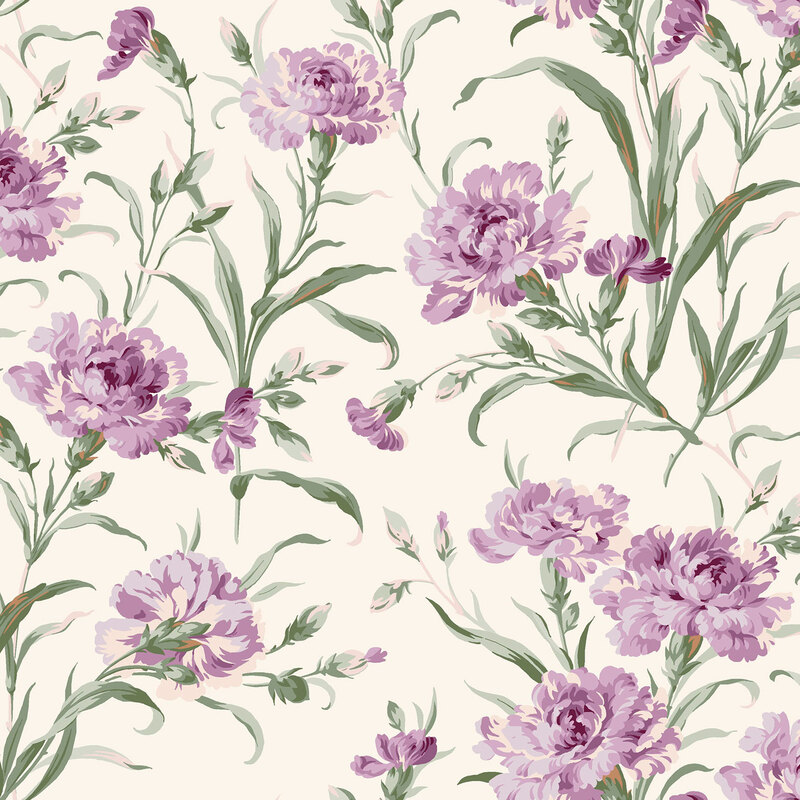 Cream fabric features large stylized florals on long, leafy green stems.