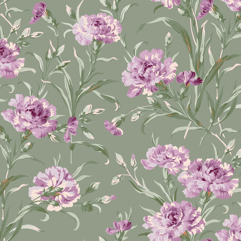 Green fabric with large stylized florals on long, leafy green stems.