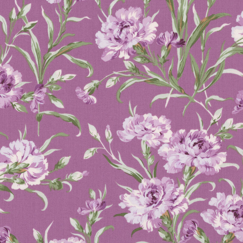 Purple fabric with large stylized florals on long, leafy green stems.