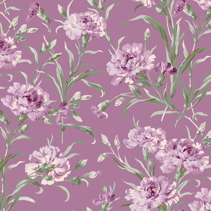Purple fabric with large stylized florals on long, leafy green stems.