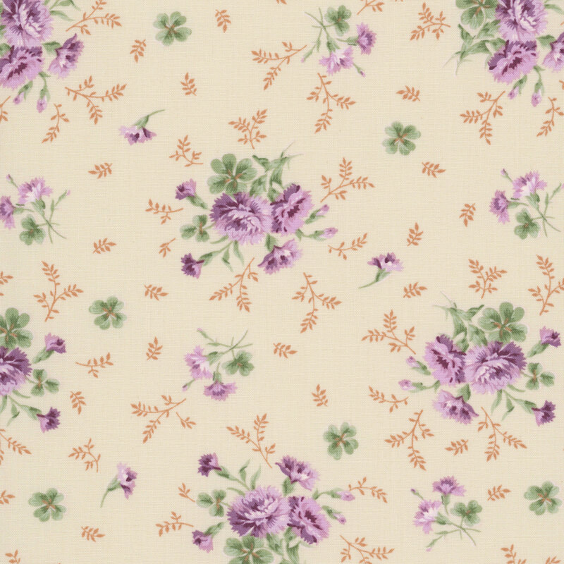 Tan fabric with stylized floral bouquets with scattered leaves and vines.