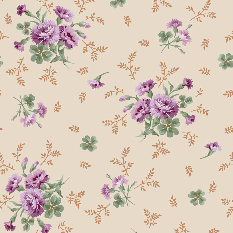 Tan fabric with stylized floral bouquets with scattered leaves and vines.
