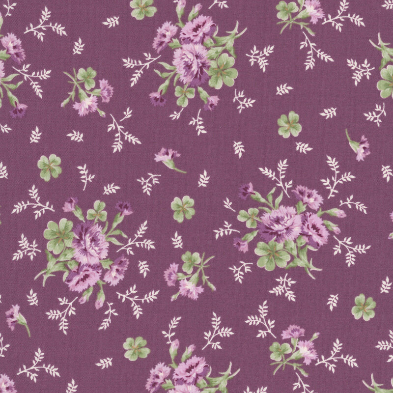 Violet fabric with stylized floral bouquets with scattered leaves and vines.