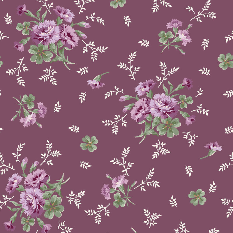 Violet fabric with stylized floral bouquets with scattered leaves and vines.