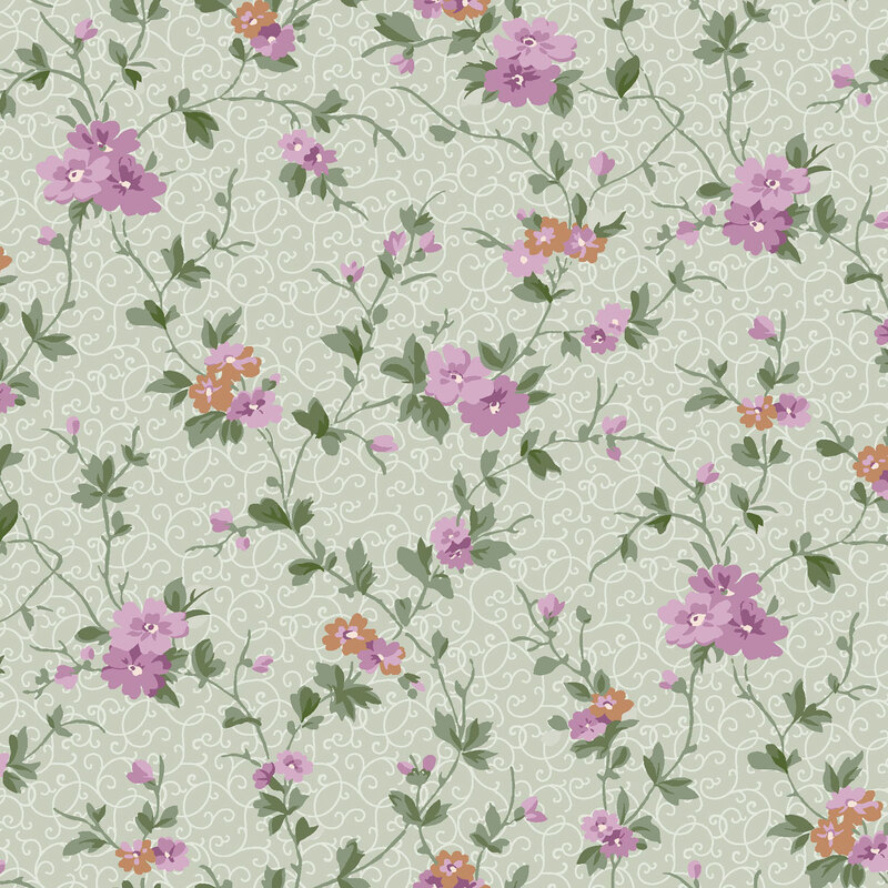 Green fabric with a pattern of stylized florals attached to green leafy vines set against a background of subtle swirls.