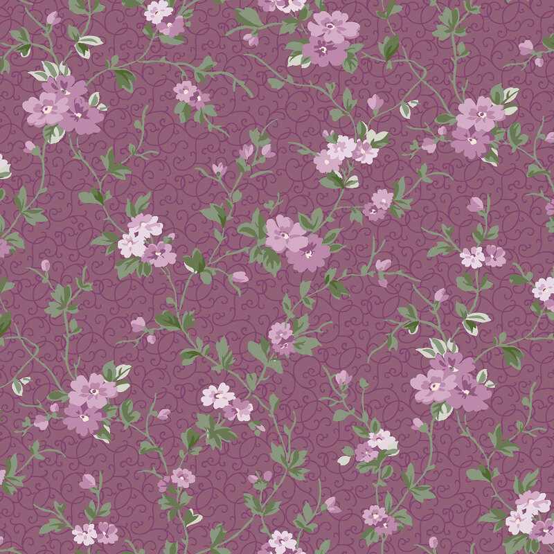 Violet fabric with a pattern of stylized florals attached to green leafy vines set against a background of subtle swirls.