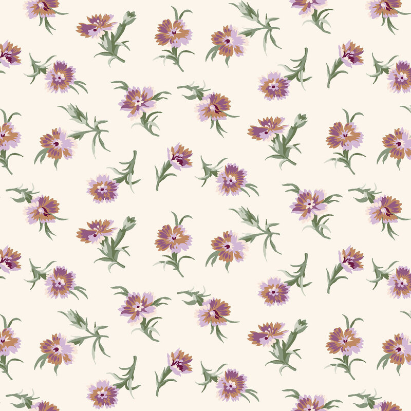 Cream fabric with a tossed pattern of stylized florals with green stems.
