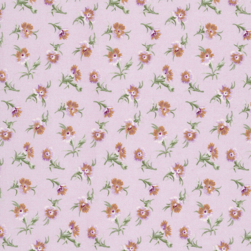 Light purple fabric with a tossed pattern of stylized florals with green stems.