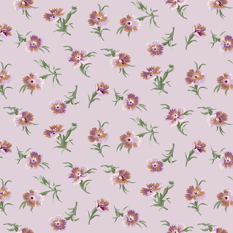 Light purple fabric with a tossed pattern of stylized florals with green stems.