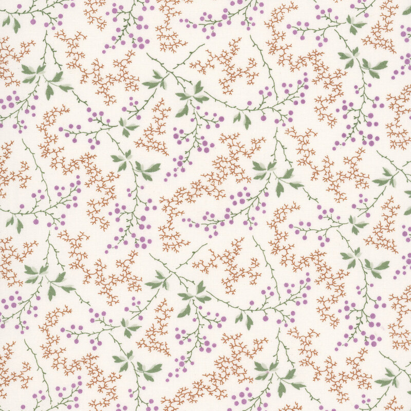 Cream fabric with a stylized pattern of elongated leaves and winding vines accented with delicate sprigs.