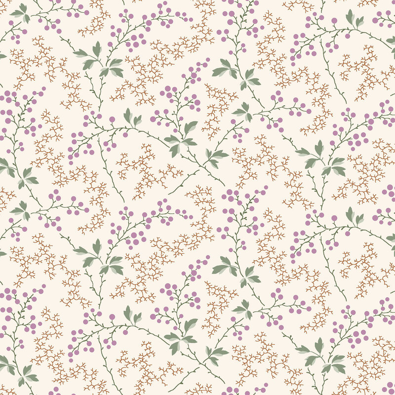 Cream fabric with a stylized pattern of elongated leaves and winding vines accented with delicate sprigs.