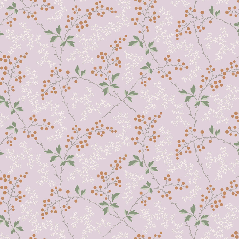 Soft purple fabric with a stylized pattern of elongated leaves and winding vines accented with delicate sprigs.