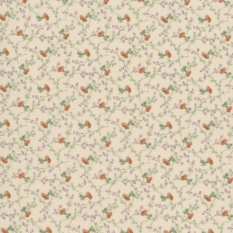 Tan fabric with a pattern of stylized florals with stems and leaves.
