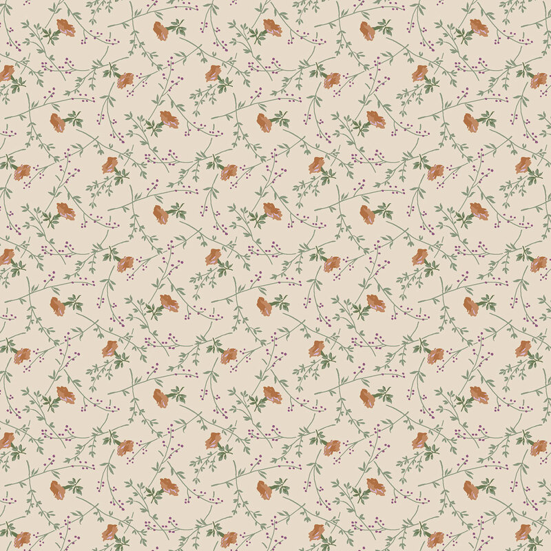 Tan fabric with a pattern of stylized florals with stems and leaves.
