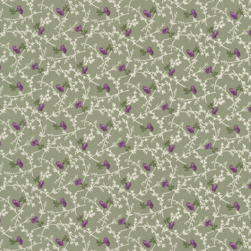 Sage green fabric with a pattern of stylized florals with stems and leaves.