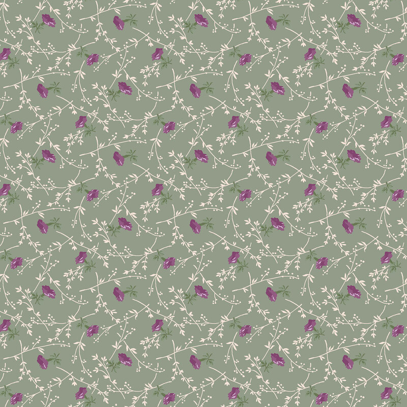Sage green fabric with a pattern of stylized florals with stems and leaves.