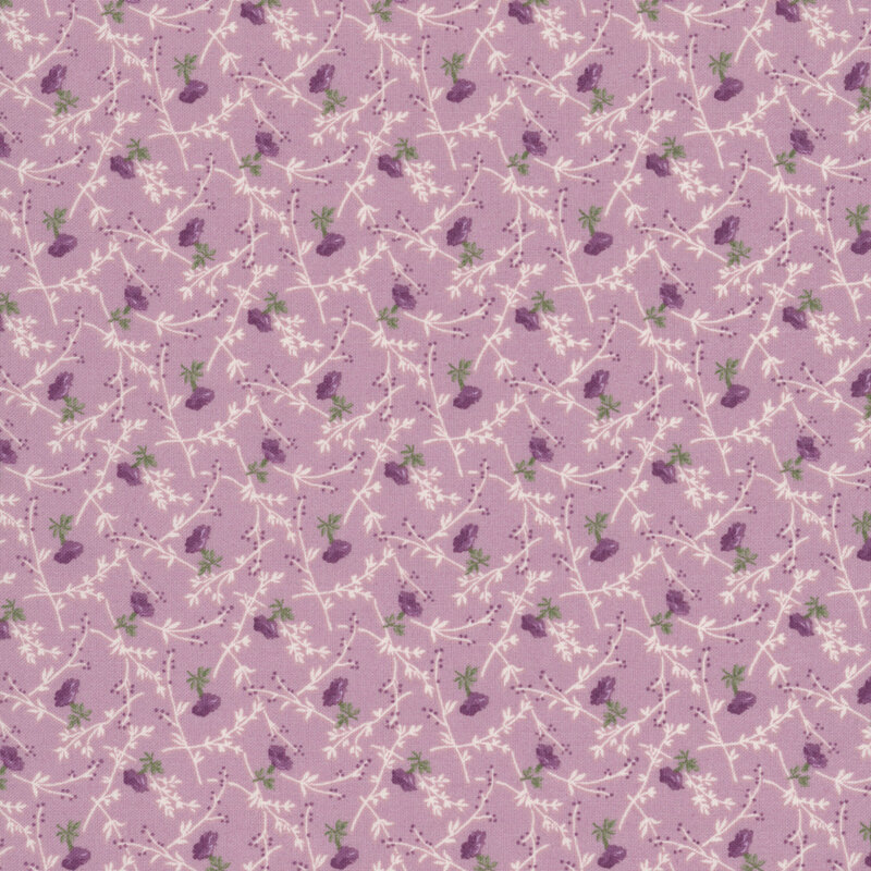 Purple fabric with a pattern of stylized florals with stems and leaves.