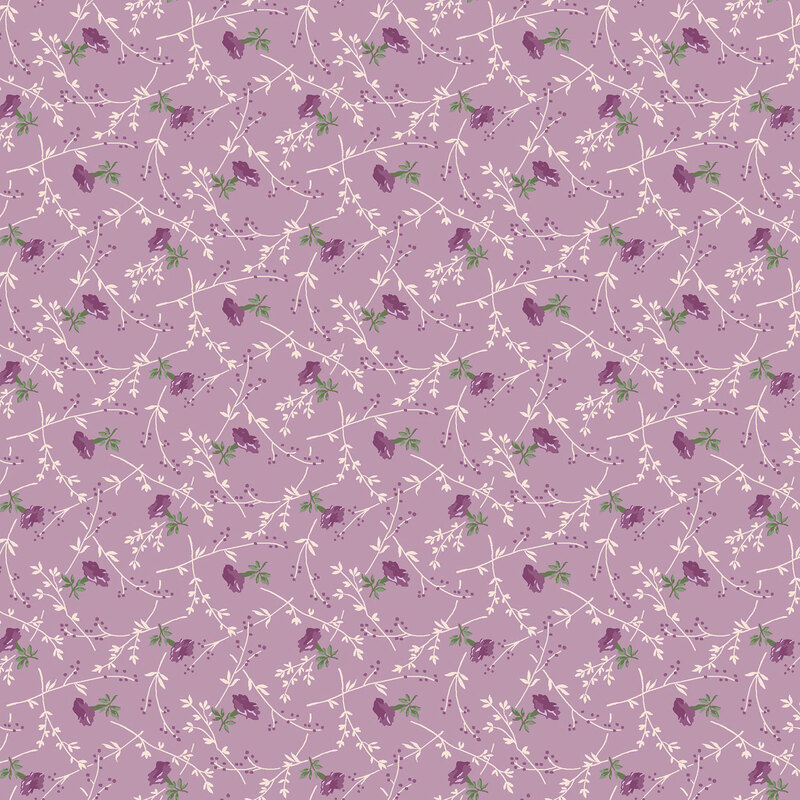 Purple fabric with a pattern of stylized florals with stems and leaves.