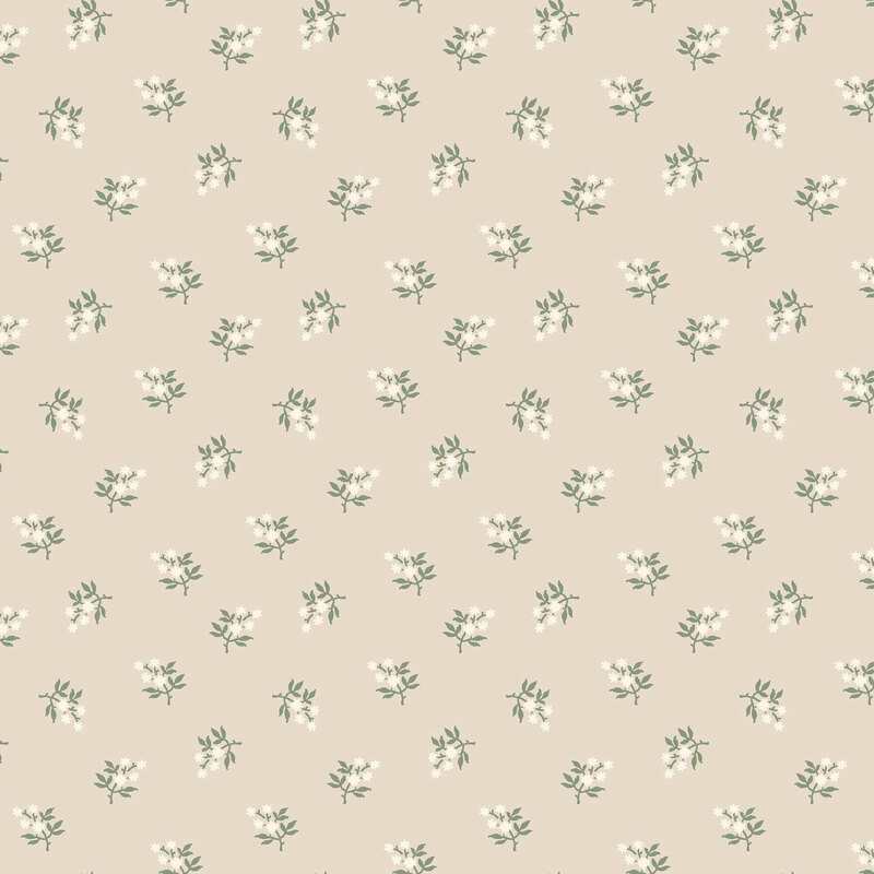 Gray fabric with a tossed pattern of stylized white florals.