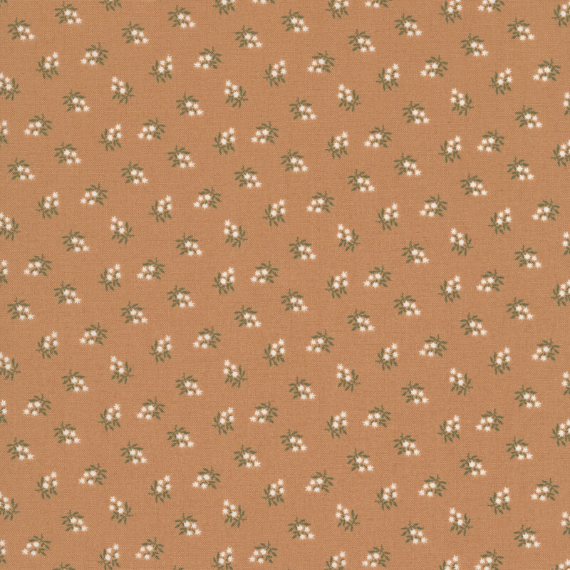 Hazel brown fabric with a tossed pattern of stylized white florals.