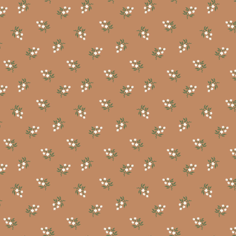 Hazel brown fabric with a tossed pattern of stylized white florals.