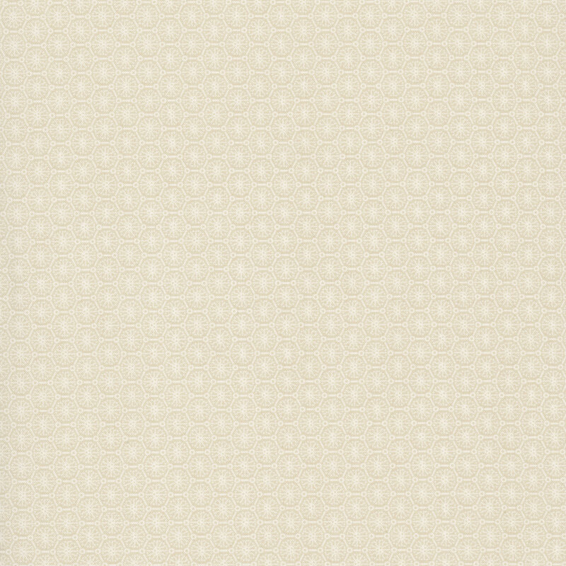 Cream fabric with a tonal, stylized geometric design of abstract flowers arranged within an octagonal lattice.