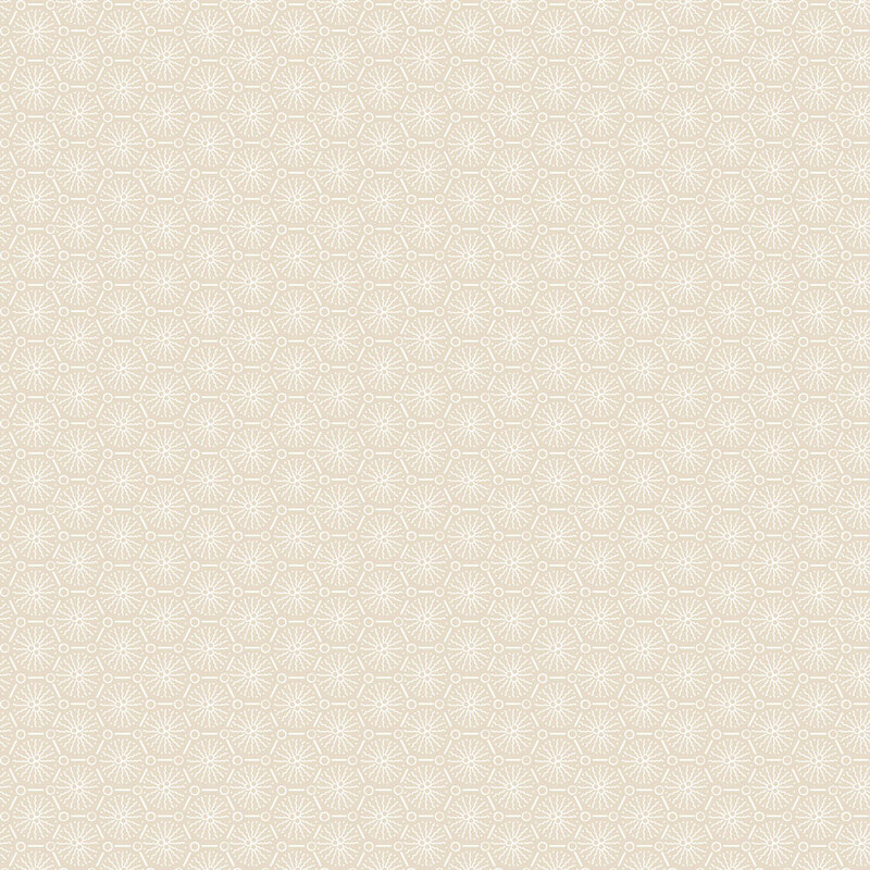 Cream fabric with a tonal, stylized geometric design of abstract flowers arranged within an octagonal lattice.