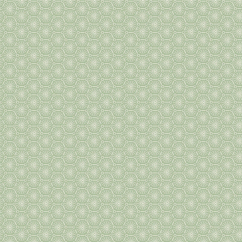 Green fabric with a tonal, stylized geometric design of abstract flowers arranged within an octagonal lattice.
