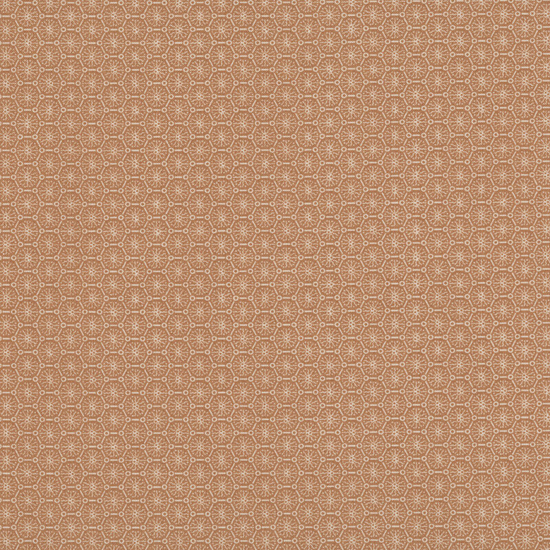 Hazel fabric with a tonal, stylized geometric design of abstract flowers arranged within an octagonal lattice.