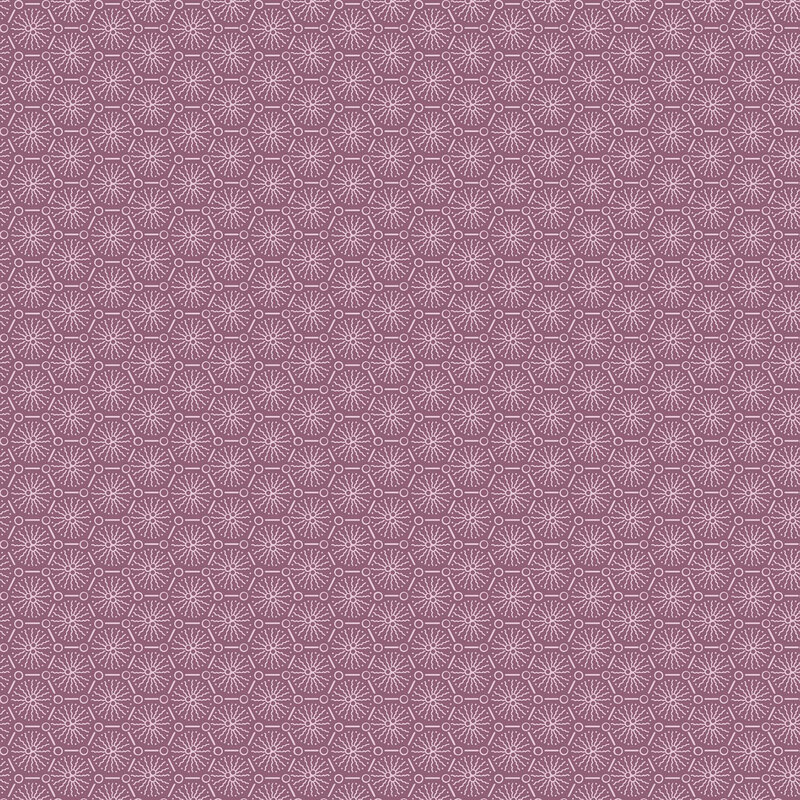 Purple fabric with a stylized geometric design of abstract flowers arranged within an octagonal lattice.