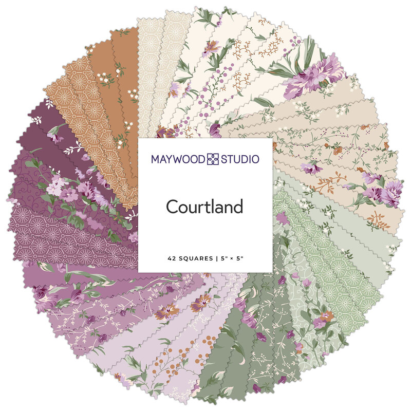 A circular display of fabric squares in various colors and floral patterns with the label Courtland.