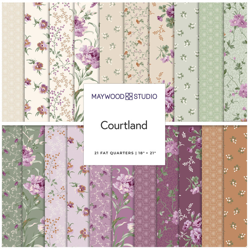 Collection of patterned fabric swatches featuring florals in soft pastels and rich colors, labeled Courtland.