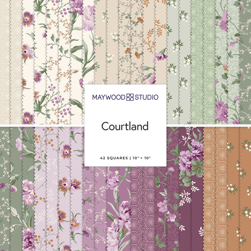 A fabric swatch display featuring various floral and patterned designs in purple, green, and neutral tones.