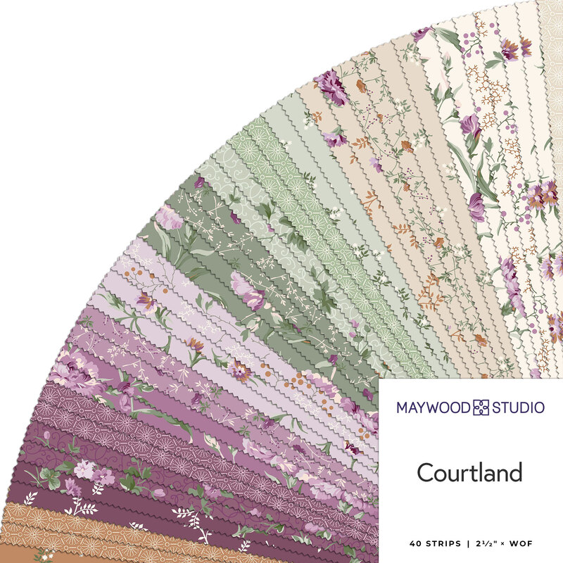 A colorful array of fabric strips in purple, green, and beige, labeled Courtland by Maywood Studio.