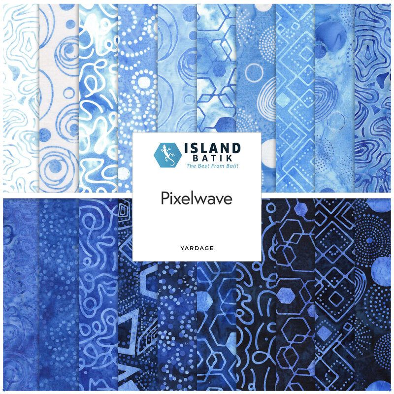 Collage of batik fabrics in the collection in vivid blue tones, with geometric and modern designs