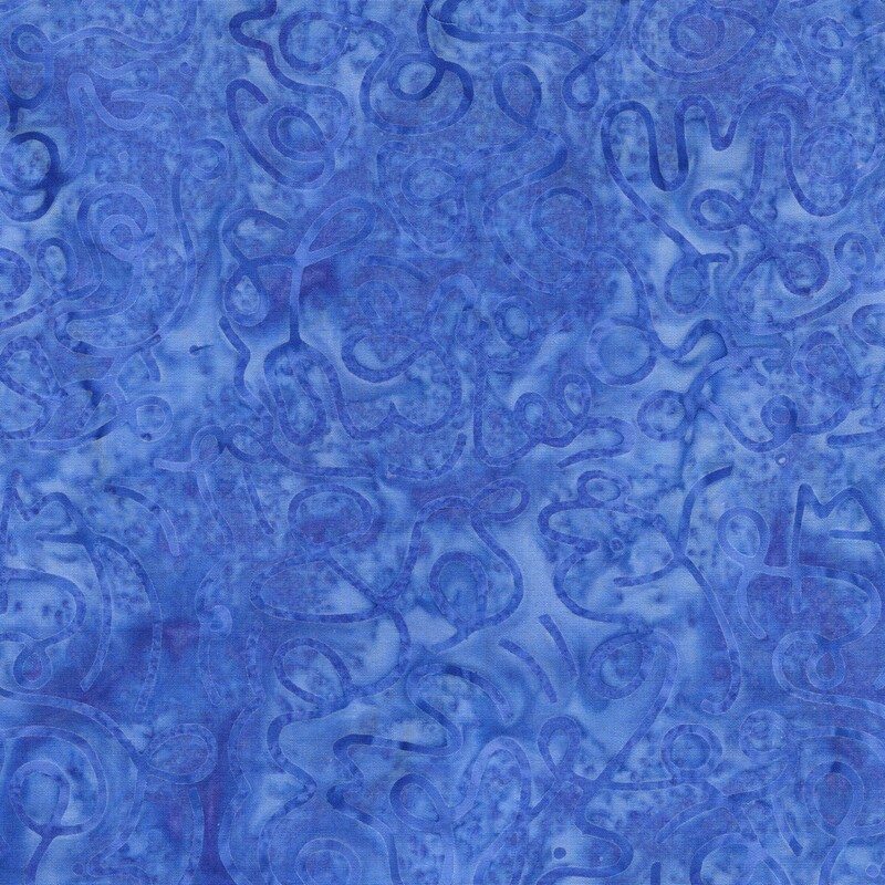 Azure watercolor batik fabric with a tonal overlay of squiggles
