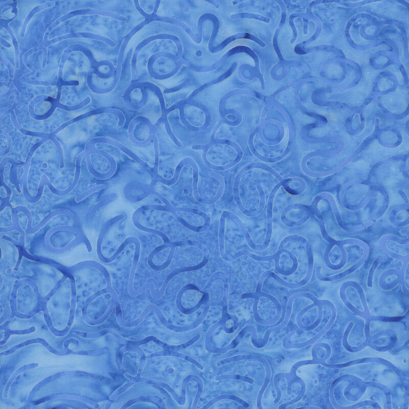 Azure watercolor batik fabric with a tonal overlay of squiggles