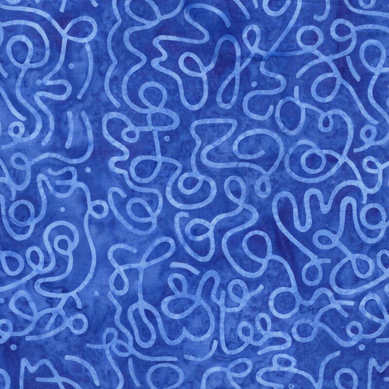 Lapis blue watercolor batik fabric with a bright blue overlay of squiggles