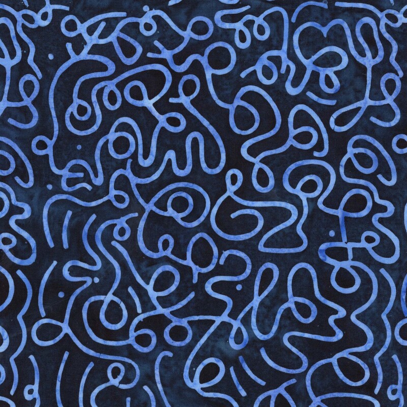 Deep indigo watercolor batik fabric with a sky blue overlay of squiggles