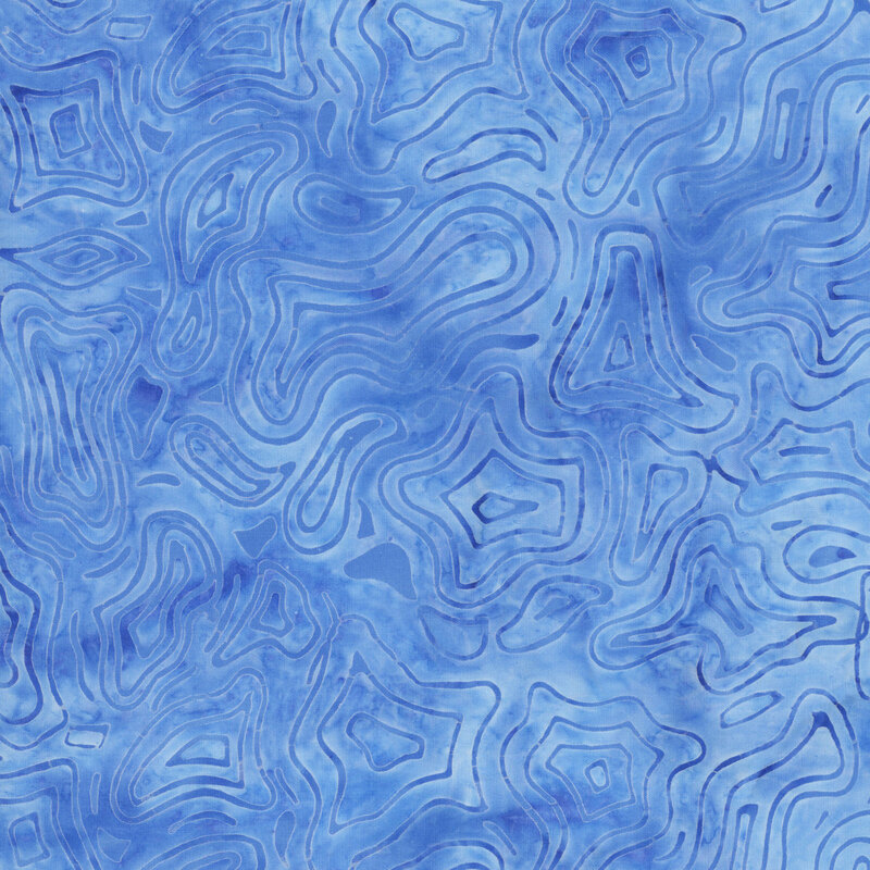 Mottled bright sky blue batik fabric with an overlay of azure lines resembling a topographic map