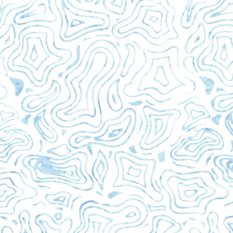 Cloud white batik fabric with an overlay of faded blue lines resembling a topographic map