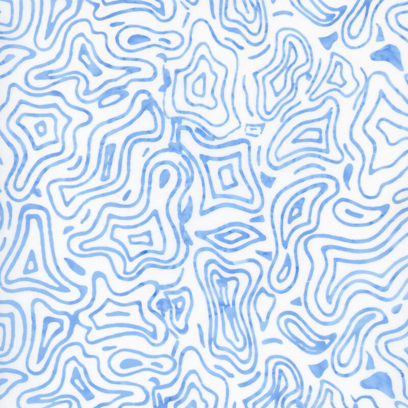 Cloud white batik fabric with an overlay of faded blue lines resembling a topographic map